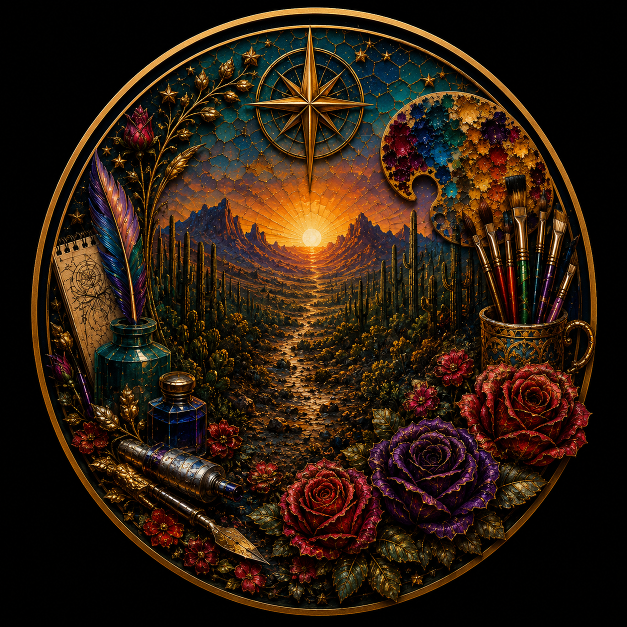 A Roses Art emblem with a Southwestern sunrise, compass, roses and art tools